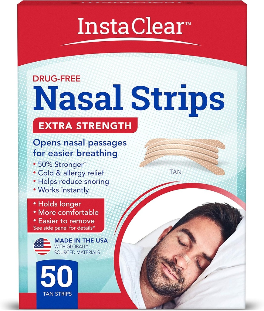 Extra-Forte Tiras Nasal , Tan 50 ct □ Funciona instantaneamente , Respire melhor , Alivio de congestão nasal , Para de roncar , Frio & Alergia , Tan de força extra