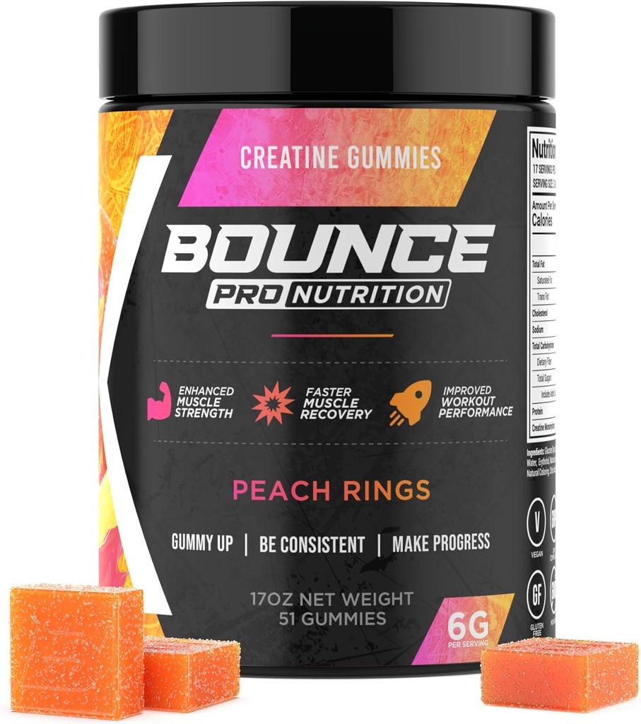 Bounce Pro Creatine Monohydrate Gummies для чоловіків і жінок, Low Calorie, 6G креатину на сервірування, Vegan, Anti-Melting, Gluten-Free, Non-GMO, 2г креатину на гмію (51ct, Peach Rings)