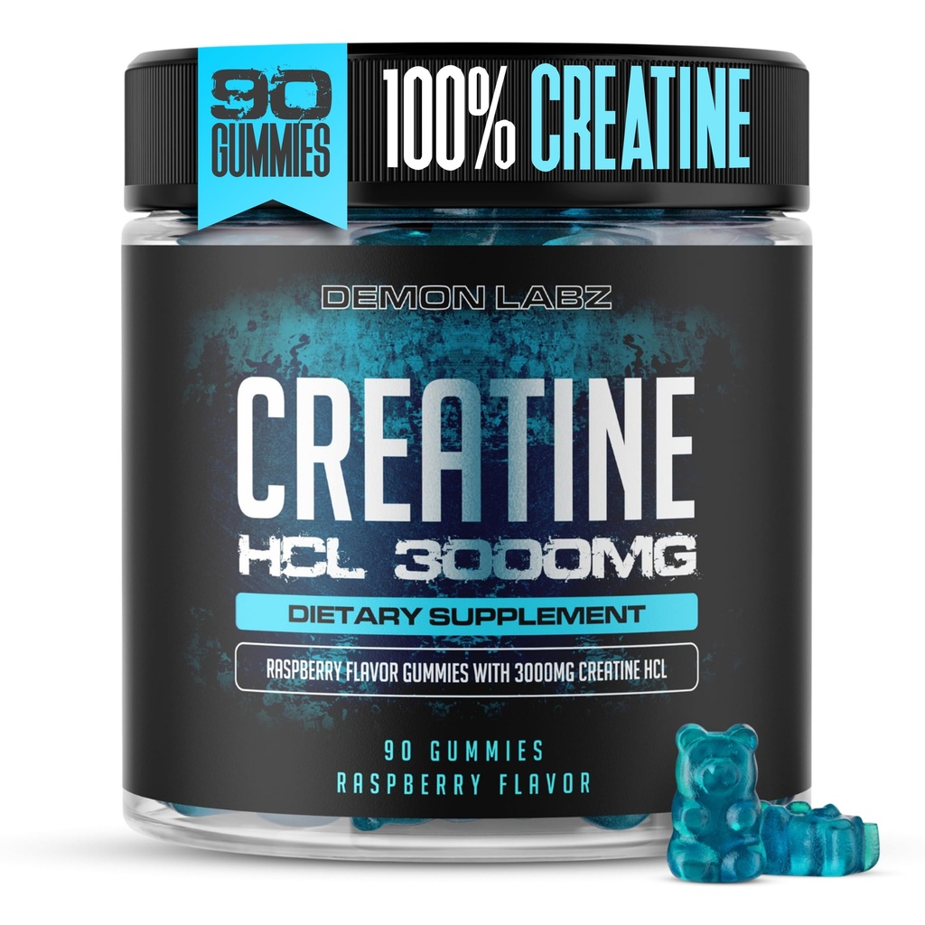 Creatine HCl 3000mg Per Serving - Raspberry Flavor - Vegan Gummies (90 Count, Single Pack)