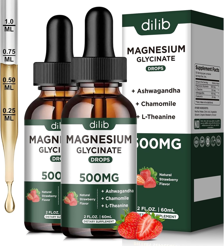 Magnesium Glycinate Liquid Drops gehigarria, Magnesium Glycinate 500mg Ashwagandha, L - Theanine, Chamomile -Support Stress Relief, Bone, Muscle, Mood Strawberry Flavor 2Pack