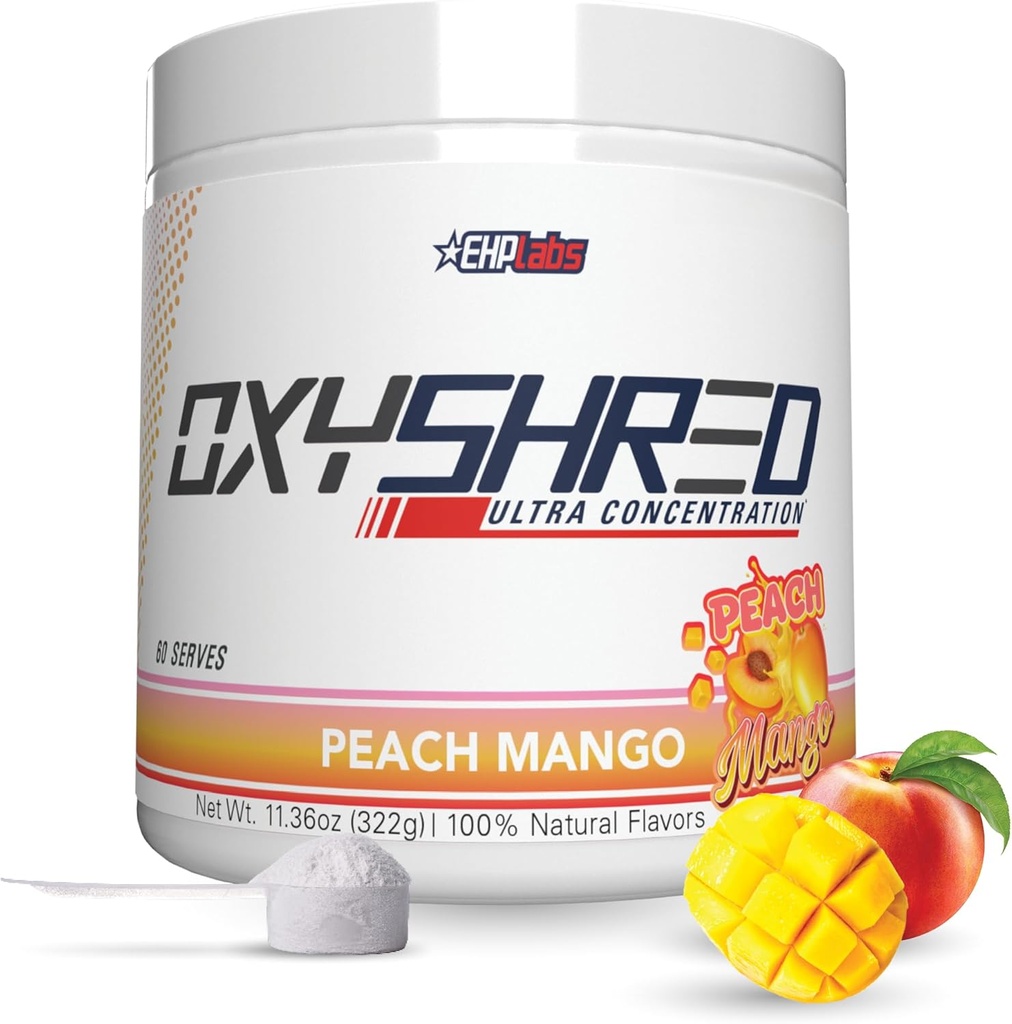 EHP Labs OxyShred Pre Workout Toz - L Glutamine və Acetyl L Carnitine ilə Preworkout Toz, Enerji Boost İçki - Peach Mango, 60 Xidmət