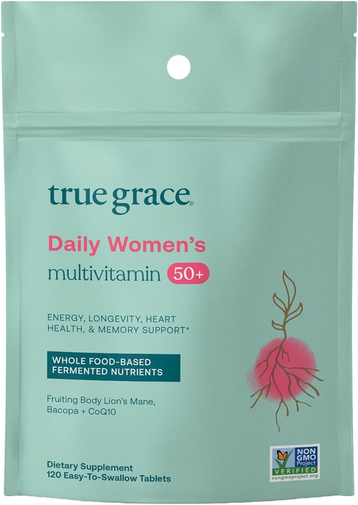 True Grace Daily Womens Multivitamin 50+ - 120 Easy-to-Swallow Tabletter - Immune, energi, lang levetid og minnestøtte - Vegan - Gluten, Soya og jern gratis - 60 Services