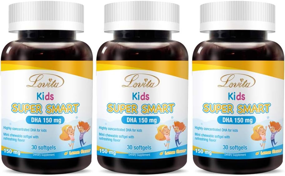 Lovita Kids Super Smart DHA, 150mg DHA ja 30mg EPA Omega 3 rasvahapot, Tukee aivojen terveys, Natural Lemon Flavor, 30 purutabletteja (paketti 3)