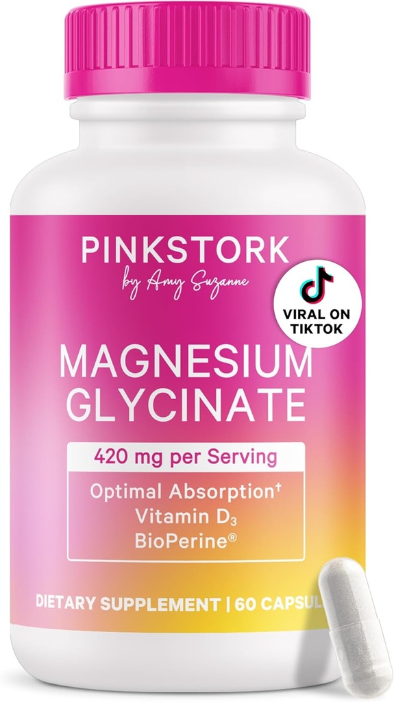 Pink Stork Magnesio Glycinato con vitamina D - Suplemento de magnesio para as mulleres para apoiar calma natural, estado de ánimo e sono - equilibrio hormonal para as mulleres - 60 cápsulas, 1 mes de subministración