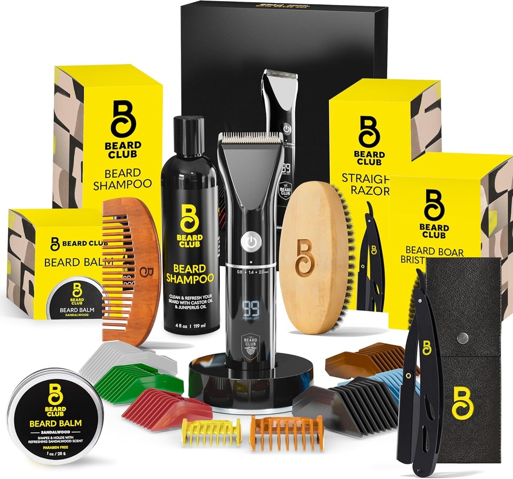 The Beard Club menns Grooming Kit med profesjonell trådløs elektrisk oppladbar hår & mustache / Beard Trimmer, Straight Edge Razor, Shampoo, Balm, Børste & Comb gavesett