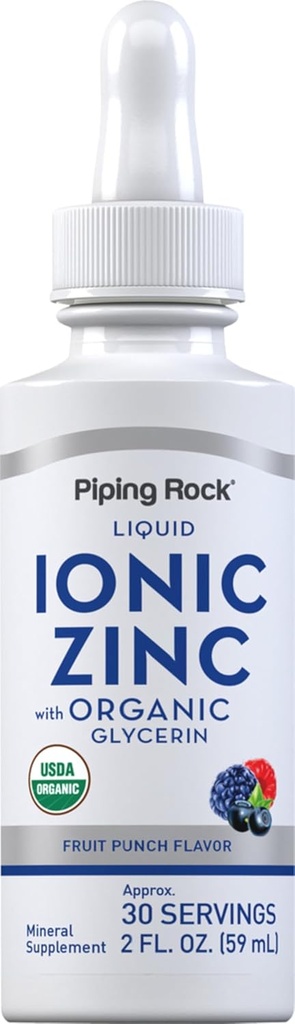 Piping Rock Liquid Zinc | Ionic Zinc Sulfate | with Organic Glycerin | 2 oz | Fruit Punch Flavor | Vegetariano, Non OGM, Gluten Free Supplement