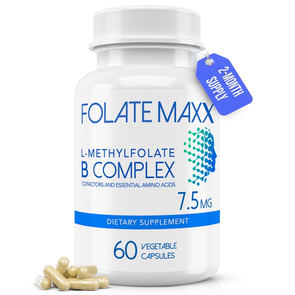 L Methylfolate 7.5mg with Active Vitamin B Complex – 60 Capsules – High Potency 5-MTHF with B6 Blend and Methyl B12 Supplement – 3-in-1, Non-GMO, Gluten Free (2-Month Supply)