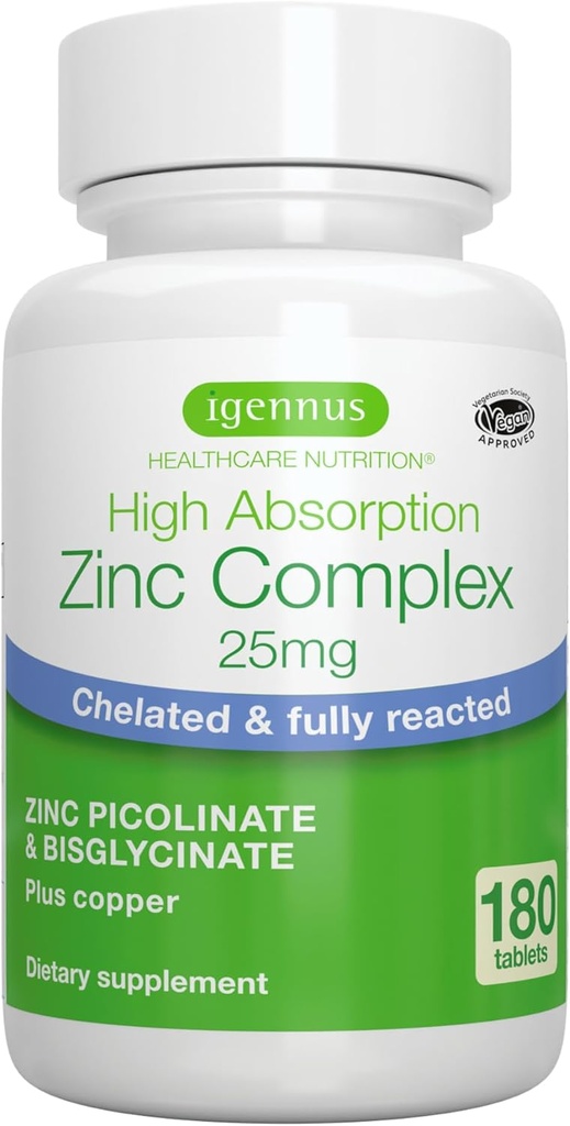 Igennus pur Zinc chélaté 25mg avec cuivre, picolinate et bisglycinate, complexe d'absorption élevée, supplément pour les femmes et les hommes, laboratoire vérifié, non-OGM, immunosupport et peau, 180 comprimés 6 mois d'approvisionnement