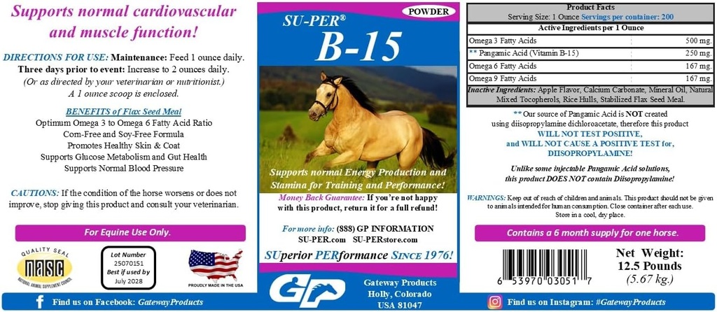 SU- PER B- 15 Vitamin supplement til heste - Equine Vitamin B- 15 Pulver til Performance Support - 12,5 Pund, 6 Måned Supply
