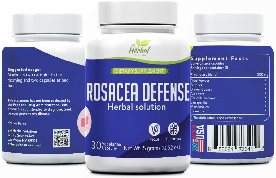 Rosacea Defense - 皮肤红和敏感性草药补充剂 - 支持冷静,平衡的复杂性 - 100%的自然成份