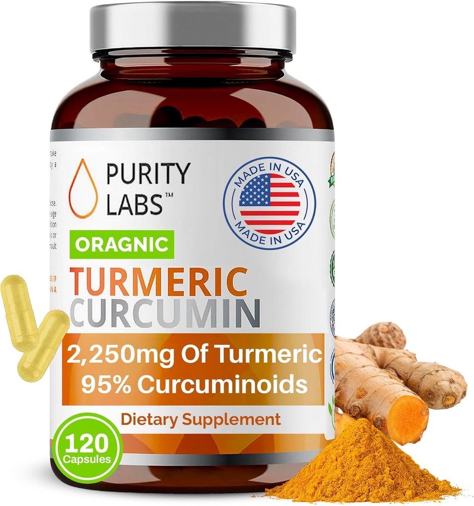Purity Labs Organic Turmeric Curcumin Addition with Piperin 2,250 MG/Serving  по 95% Curcuminoids Turmeric Additions, Antioxidant Joint Pain Relipment, Muscle & Brain Support . .