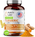 순수성 실험실 Piperine를 가진 유기 심황 Curcumin 보충교재 2,250 MG/Serving | 95% Curcuminoids 심황 보충교재, 산화 방지제 합동 진통, 근육 & 뇌 지원 | Non-GMO - 120의 캡슐