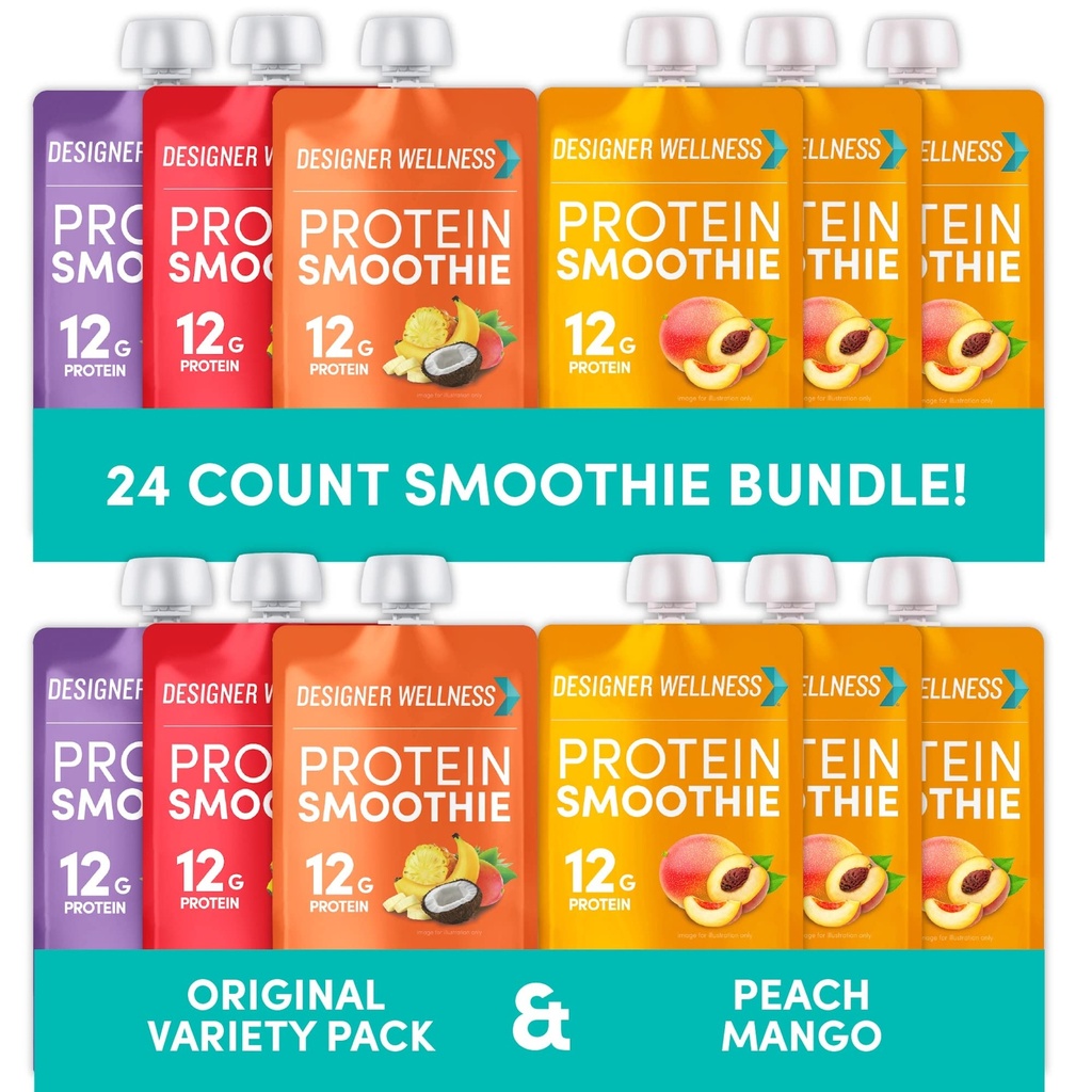 Designer Wellness Protein Smoothies Origignal Variety Pack and Peach Mango Bundle
