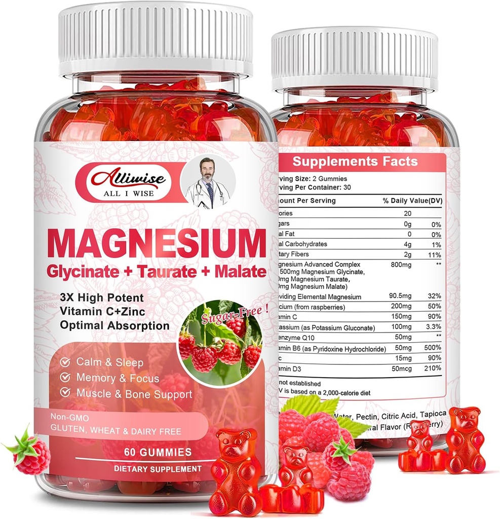 Manesium bổ sung Gummies, Sugar- Free Magnesium Glycinate 500mg cho người lớn và trẻ em, với Baurate 200mg, Malate, Calcium, COQ10, Multivitamin cho giấc ngủ, Tim & xương