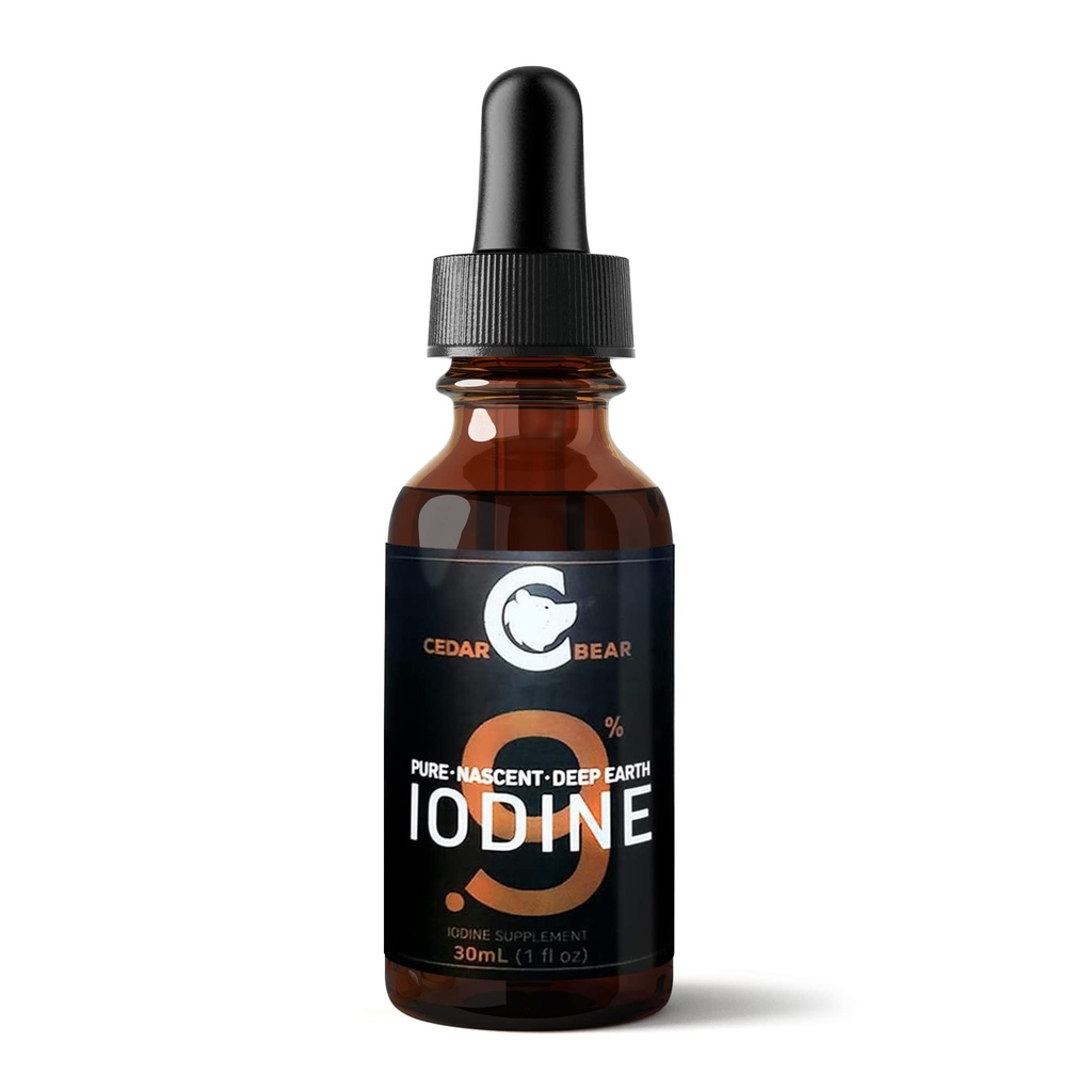 Cedar Bear - 0.9% Pure Nascent Deep Earth Iodine Supplement, All-Natural Thyroid Support and Metabolism Booster, Alcohol-Free Iodine Drops, Natural Iodine Liquid, 1 fl oz / 30 ml