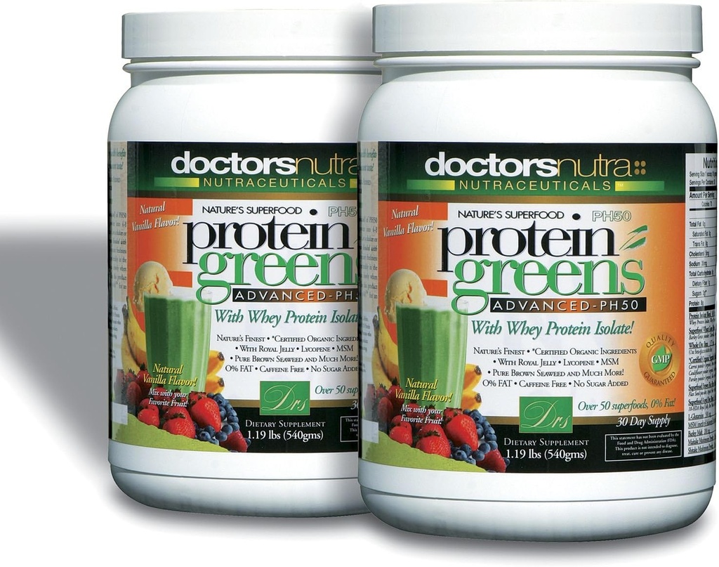 (Pack of 2) PH50 Protein Greens Bere con ingredienti biologici certificati da medici Nutra Nutraceuticals, 1.19 Pounds (540 Grammi) 50 Superfoods, Enzimi digestivi, Natural Vanilla Flavor