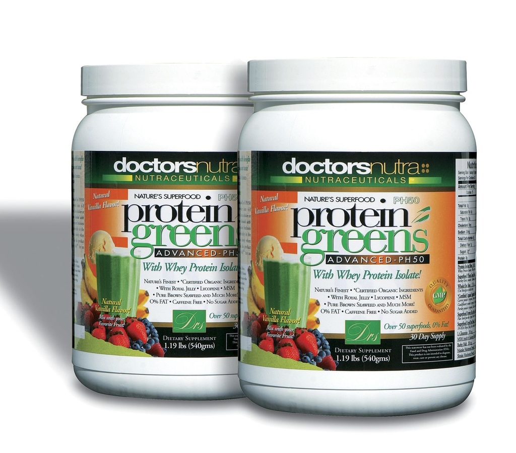 (Pack of 2) PH50 Protein Greens Drink with Certified Organic Ingredients by Doctors Nutra Nutraceuticals, 1.19 Pounds (540 Grams) 50 Superfoods, Digestive Enzymes, Natural Vanilla Flavor