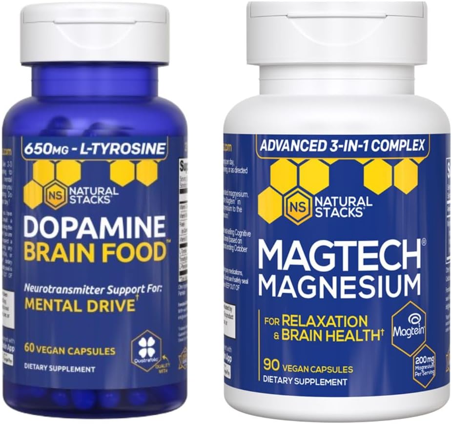 NATURAL STACKS Dopamine Brain Food + Magtech Magnesium Bundle - Chelat Magnesium Complex - unterstützt Gehirngesundheit & Mental Drive* - 150 Gesamtkapseln