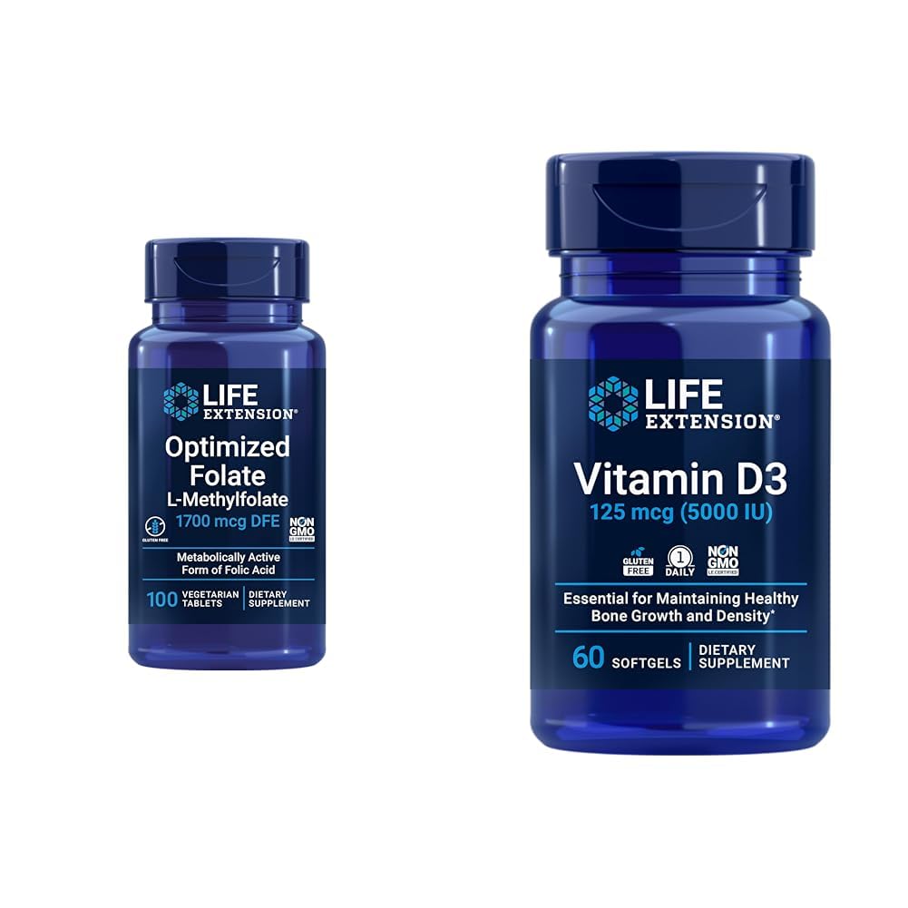 Life Extension Optimized Folate Heart & Brain Support Tablets and Vitamin D3 Bone, Brain & Immune Health Softgels - 100 Tablets, 60 Softgels