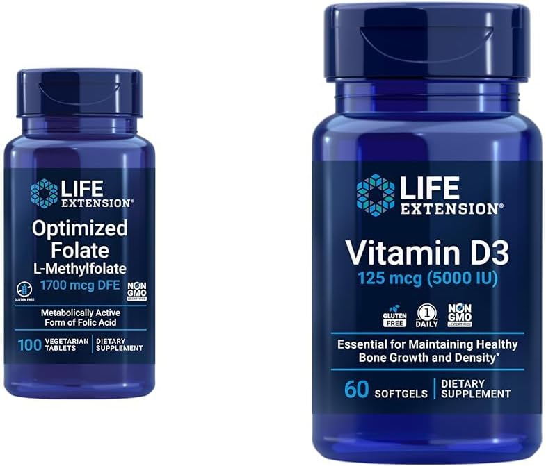 Livsforlengelse Optimert Folate Heart & Brain Support Tabletter og vitamin D3 Bone, Hjerne & Immune Helse Softgels - 100 tabletter, 60 Softgels