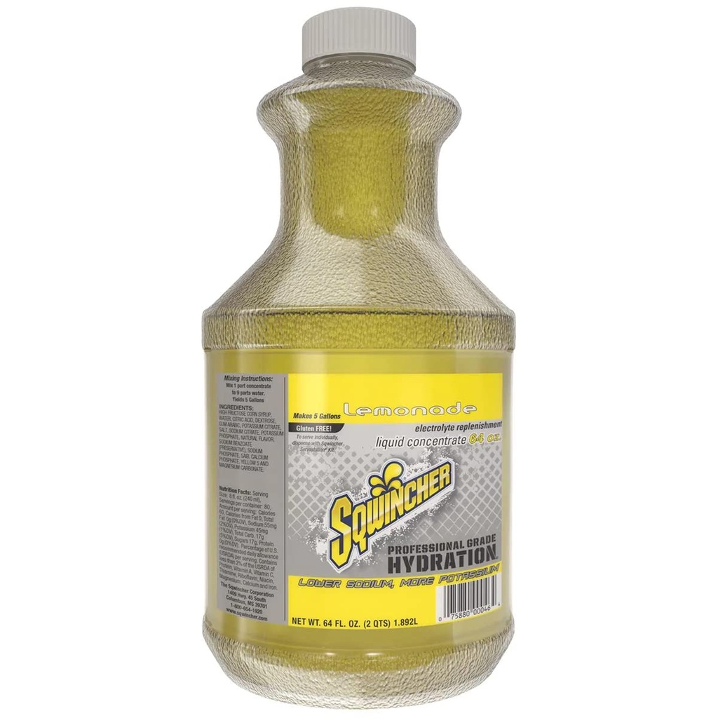 Sqwincher Liquid Concentrate   Lemonade Flavored   Low Calorie  Low Sodium | Electrolyte Replenishment Hydration Drink Mix  Make Makes 5 Gallons of Beverage | 64 oz (Pack of 6)