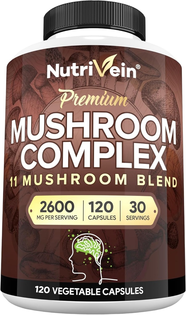 מזון מזינים Premium Mushroom תוסף 2600 מ"ג - בקבוק 120 קפסולות - 11 Nootropic Mushroom Complex - Lion's Mane, Cordyceps, Chaga, Reishi, טורקיה Tail,Maitake, Shiitake, Agaricus, White Button, Oysterton, Oyster