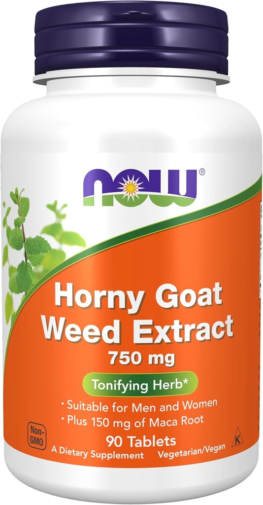 Nyní doplňky, Horny Kozí Tráva Extrakt 750 mg Plus 150 mg Maca Root, Tonification Herb *, 90 Tablet