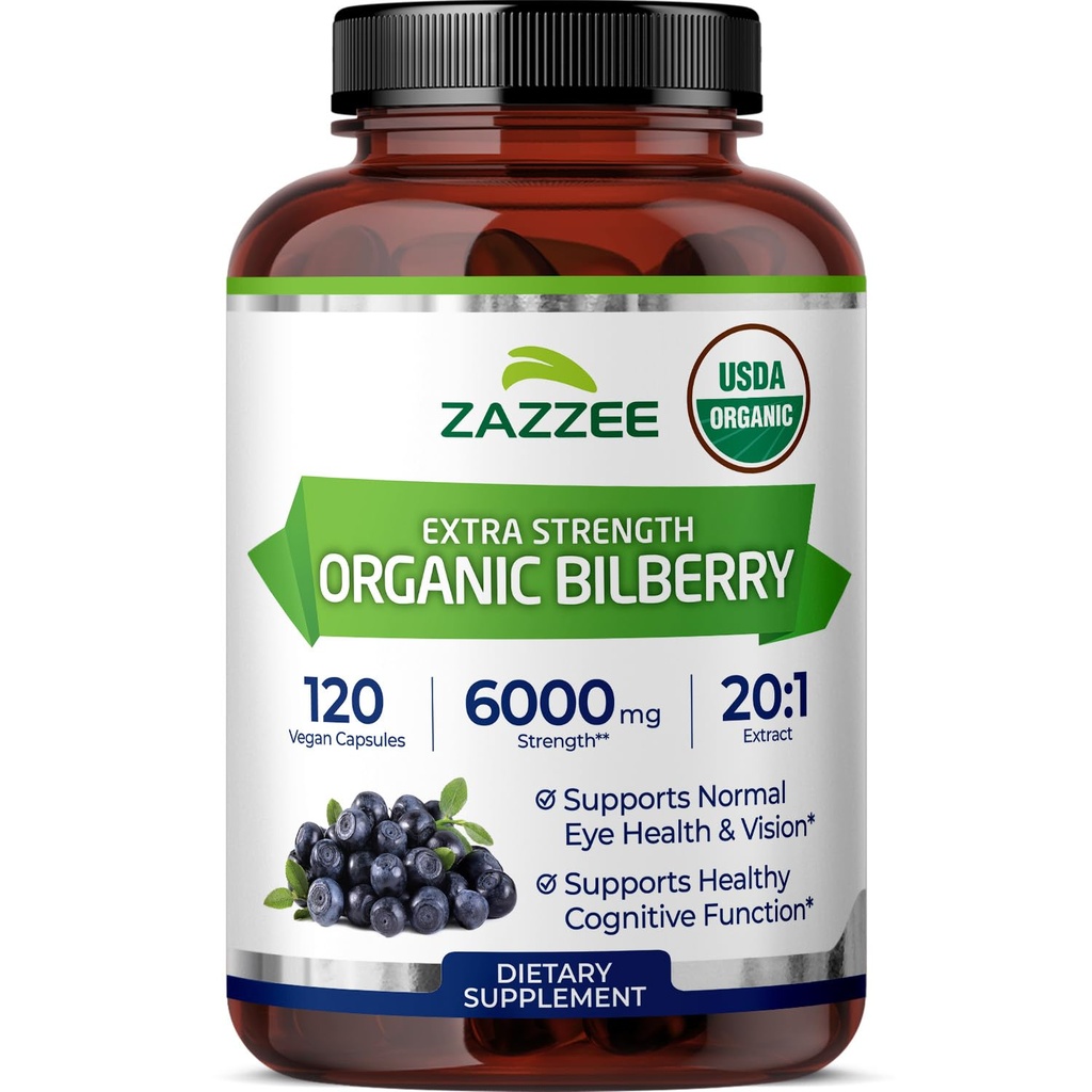 Zazzee USDA Organic Bilberry 20:1 Extract, 120 Capsules, 4 Month Supply | Vegan, Vaccinium Myrtillus, Eye Health, Vision & Antioxidant Support, All-Natural, Non-GMO, Made in the USA