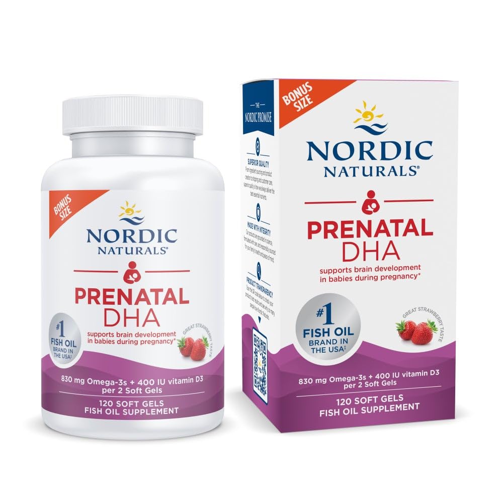 Nordic Naturals Prenatal DHA, Strawberry - 120 Soft Gels - 830 mg Omega-3 + 400 IU Vitamin D3 - Supports Brain Development in Babies During Pregnancy & Lactation - Non-GMO - 60 Servings
