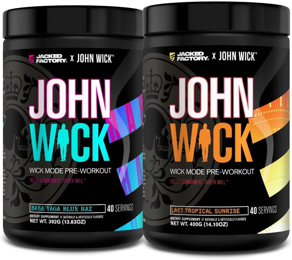Jacked Factory X John Wick - Wick Mode Pre Workout Powder - Intense Energy, Battle-Ready Focus, Unstoppable Commitment, and Sheer Will - Baba Yaga Blue Raz & Last Tropical Sunrise