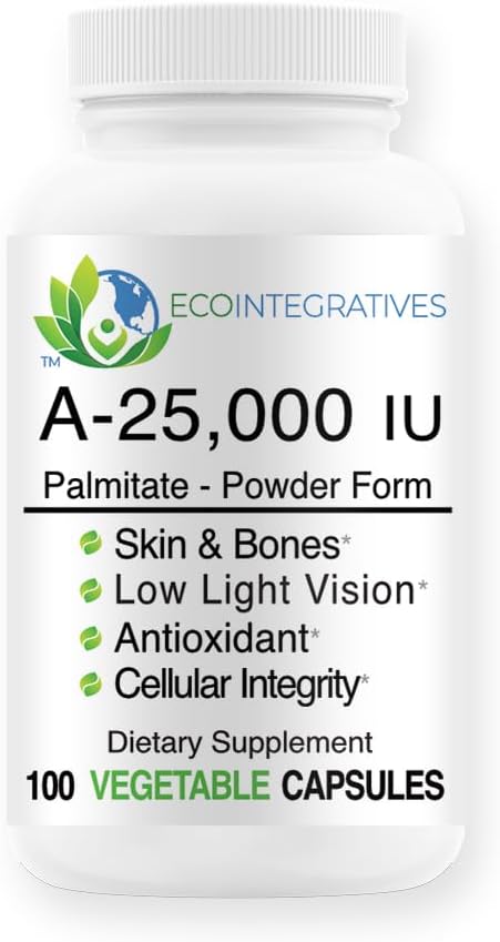 A-25,000 iu Palmitate Vegan, Powder Form (100 Capsules) Non-GMO, Supports Low Light Vision, Immune Support, Cellular Integrity of Skin & Bones, Antioxidant