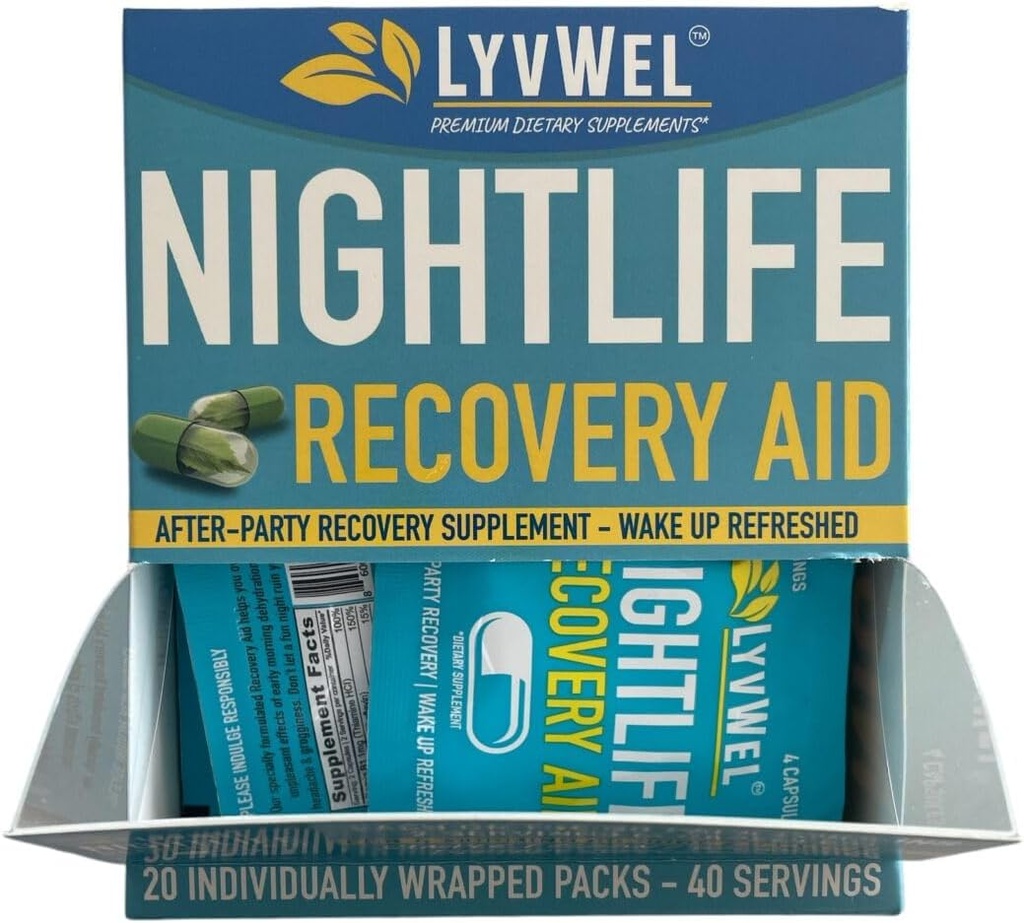 LyvWel Nightlaw Recovery Carton COM Rapid Bon dia Rejuvenation, Implementació de Liver DHM, Electrolytes, Btaminates - 20 paquets, 40 Branvings