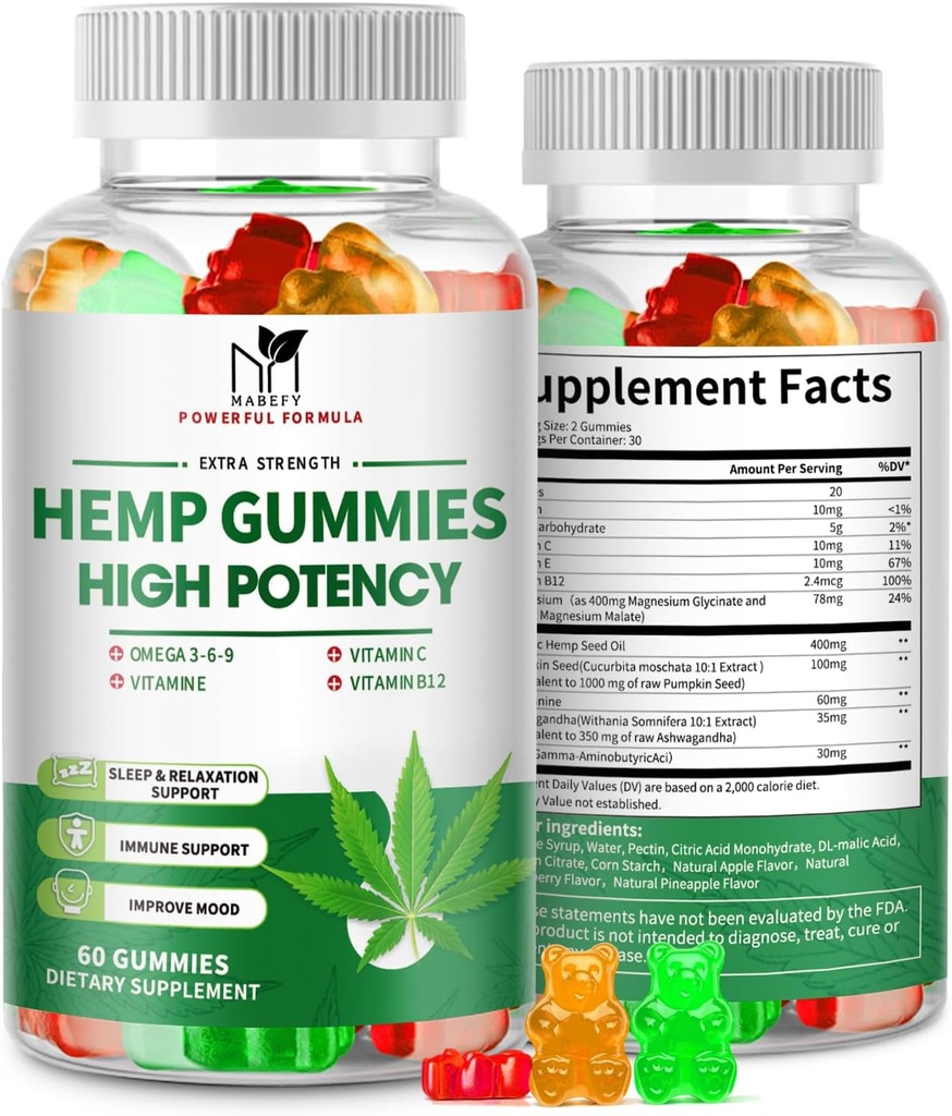 2 Pack Hemp Gummies for Pain, Spánek, Relaxation - Extra síla s hořčík & Vitamíny - Vysoká potence přírodní hemp olej Extract dodatek, Vegan Gummy Medvědy