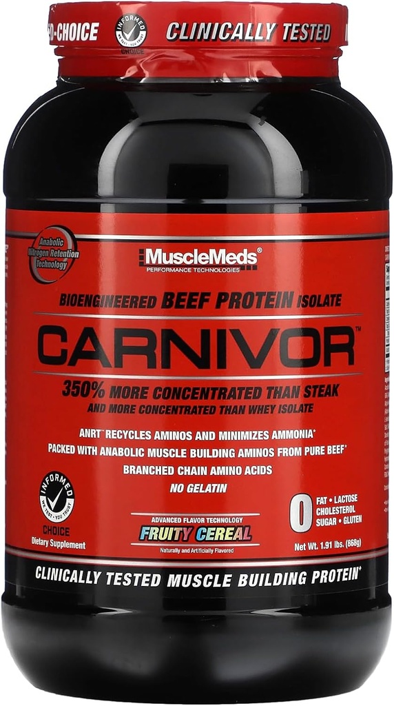 MuscleMeds CARNIVOR Marhafehérje izolátum por, izom épület, Recovery, Laktózmentes, Cukor mentes, Fat, Free, 23g fehérje, Gyümölcsös Gabona, 28 Servings