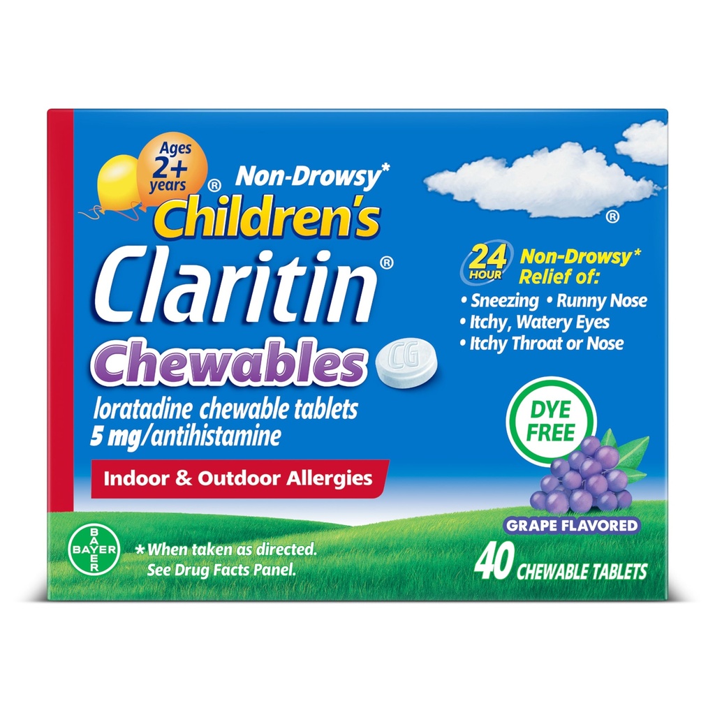 Claritin Children's Allergy Medicine, 24-Hour Non-Drowsy Loratadine 5mg Chewable Tablet, Antihistamine for Kids Ages 2 Years and Older, Grape Flavored, Dye-free, 40 Tablets