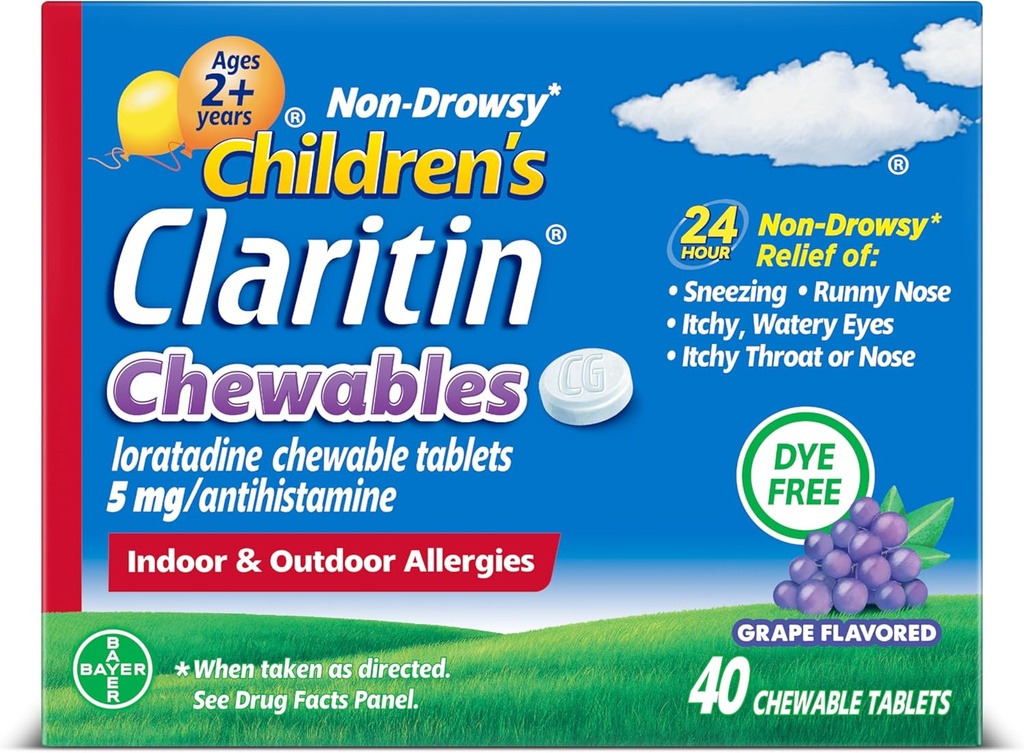 Medicina de alerxia dos nenos de Claritin, Loratadina de 24 horas non sangrante 5mg de Tablet Chewable, Antihistamine para nenos 2 anos e máis vello, Grape Flavored, 40 comprimidos