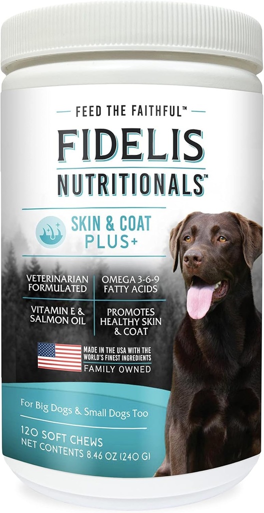 FIDELIS Skin & Coat Plus+ Dog Skin & Coat Supplement, Omega 3, Vitamin E, Salmonovo olje za pse, Maščobne kisline, Zdrava koža, Svetlejši plašč, odrasli, Big & Small, Izdelano v ZDA, Zelenjavna aroma, 120 Soft Chews