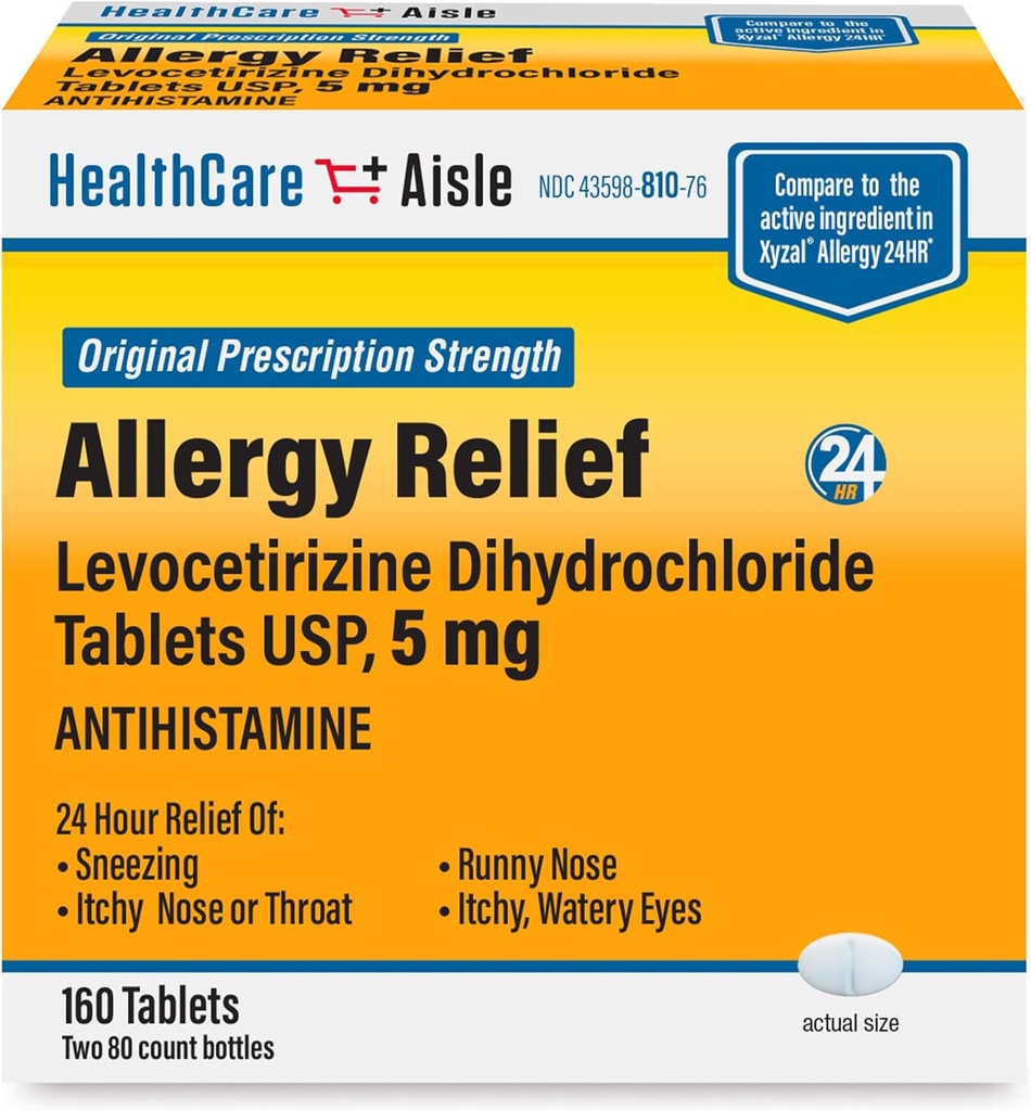 HealthCareAisle Allergy Relief - Levocetirizine Dichloride Comprimés USP, 5 mg, 160 comprimés, médicaments antiallergiques d'origine sur ordonnance, 24 heures sur 24, 80 comtes (paquet de 2)