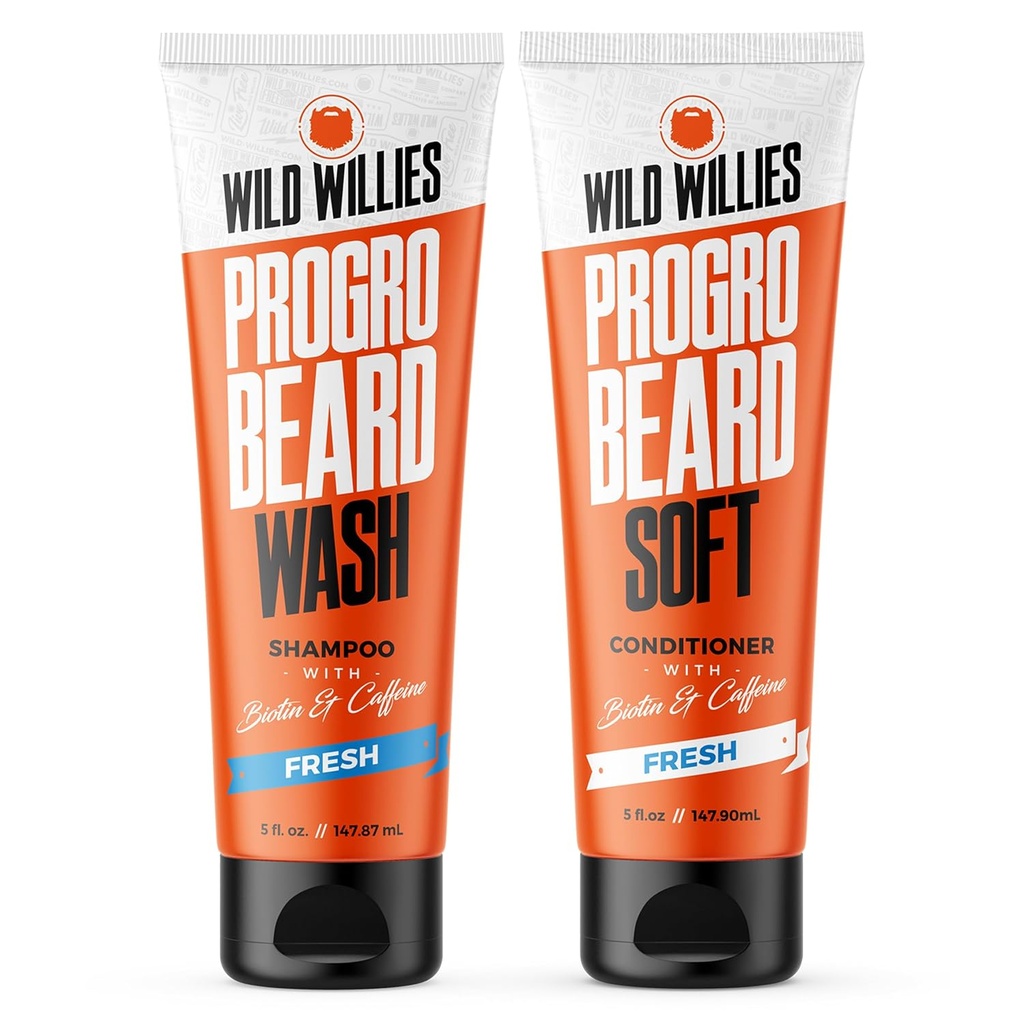 Wild Willies PROGRO Beard Shampoo and Conditioner Kit - Fortified w/Caffeine & Biotin - Strengthening, Flake-Free, Moisturizing Beard Wash and Conditioner for Men, 2 x 5oz Tubes