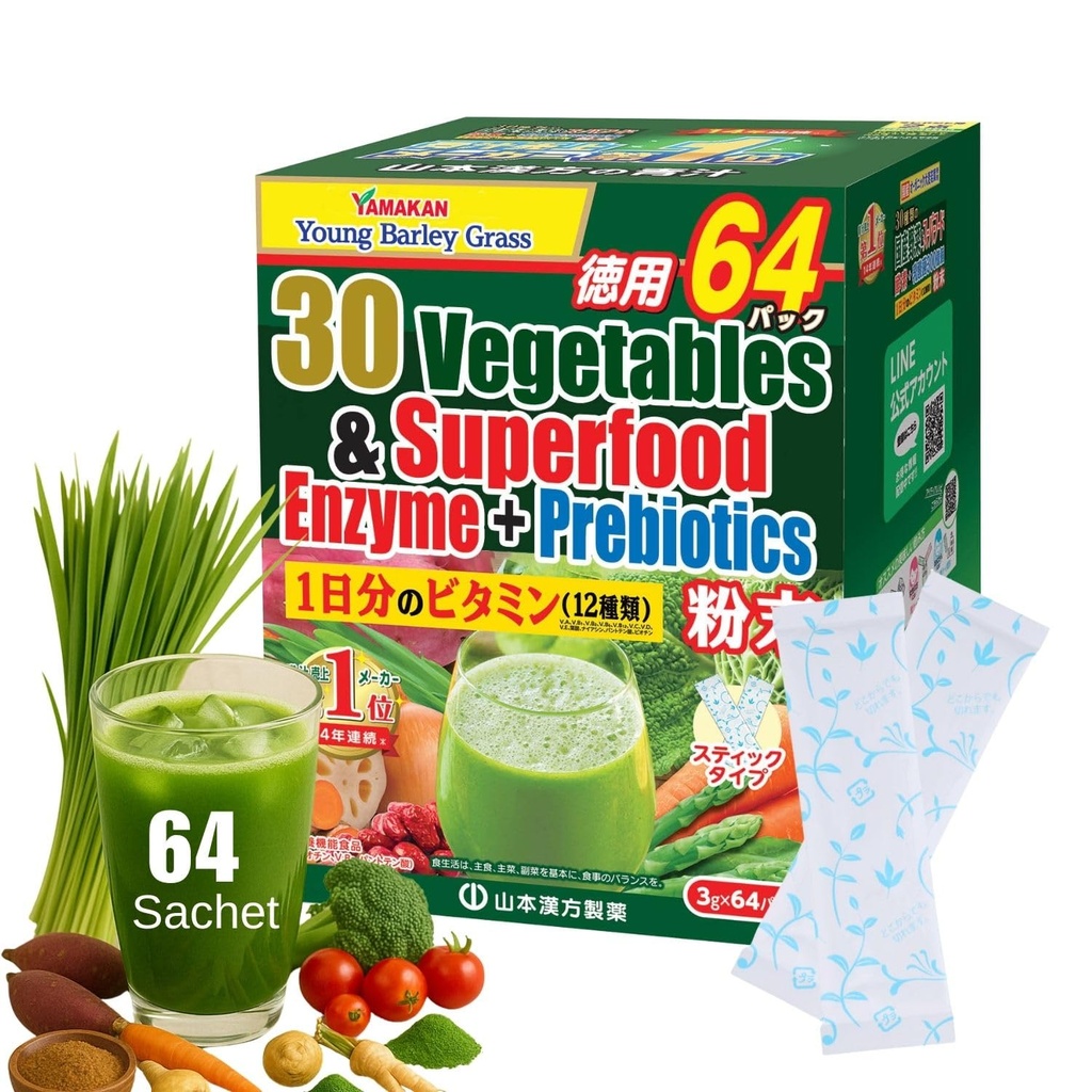 Yamamoto Kanpoh YAMAKAN Greens Superfood Powder mit präbiotischen Fiber & Enzymen für Verdauung, 30 Veggies & Young Barley Grass Juice Blend aus Japan, Gut Health for Women & Men, 64 Packets