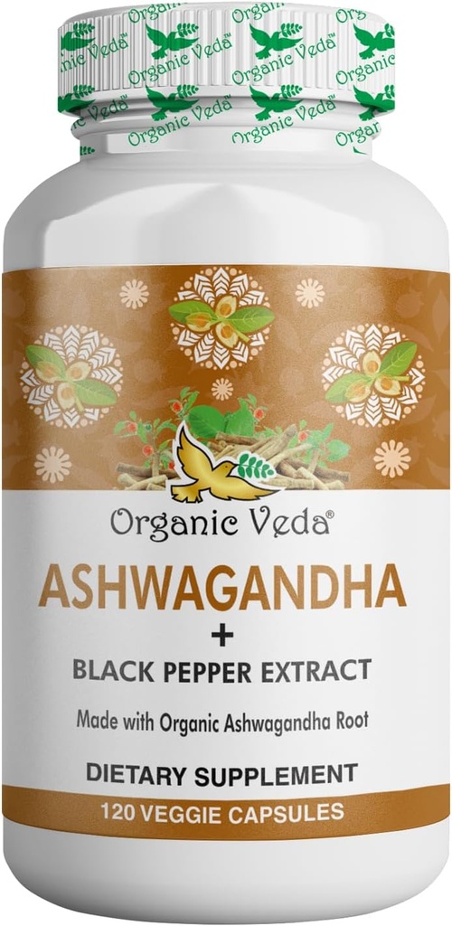有机维达Ashwagandha补充剂,1500mg - Ashwagandha Capsules with Black Pepper 提取剂 - 纯种有机Ashwagandha Root - Mood支持补充剂 & Energy, 120 Veggie