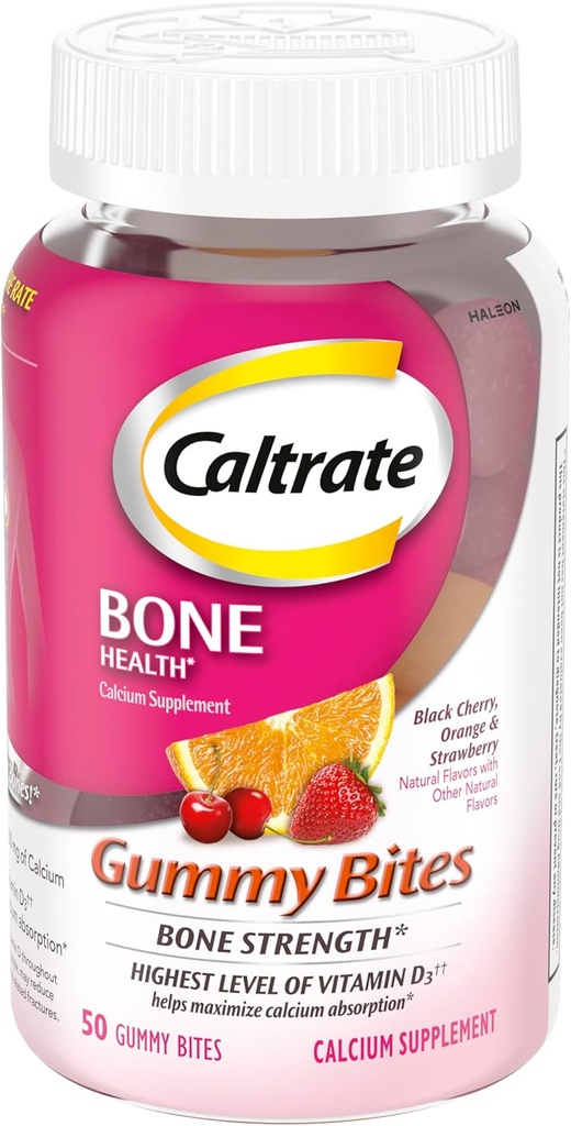 Caltrate Gummy Bites 500 mg Calcium e vitamina D supplemento, Ciliegia nera, Fragola, Arancione - 50 conte