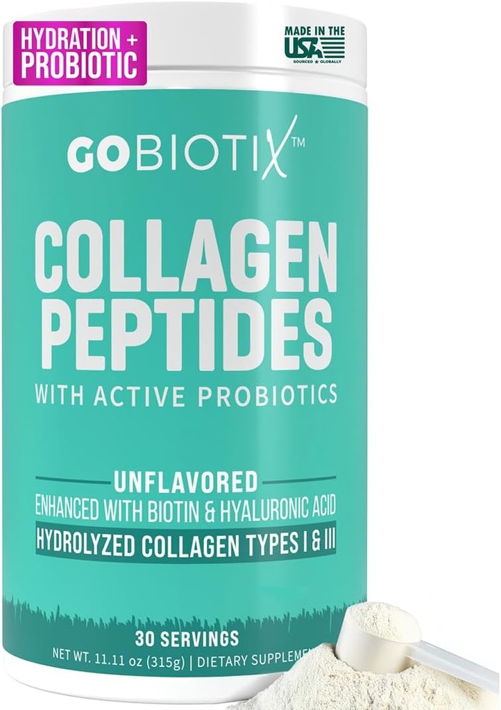 GOBIOTIX Collagen prášok Supplement with Probiotiká - Hydrolyzovaný proteín kolagén prášok pre ženy - vlasy kože a nechty, Spoločné a tráviace zdravie - kolagén Peptidy typu I a III - 30 Servíry