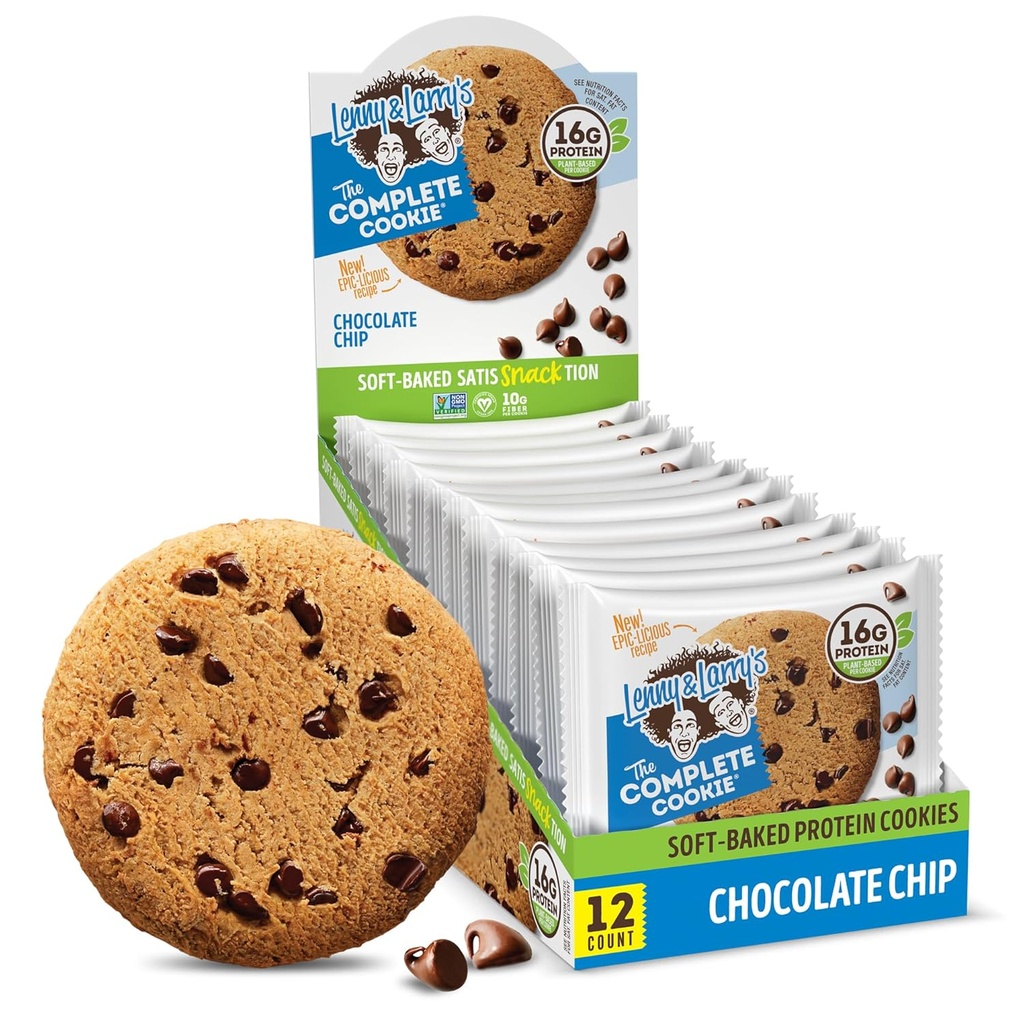 Lenny & Larry 's The Complete Cookie, Chocolate Chip, Soft Baked, 16g Plant Protein, Vegan, Non- GMO, 4 Ounce Cookie (Pack of 12)