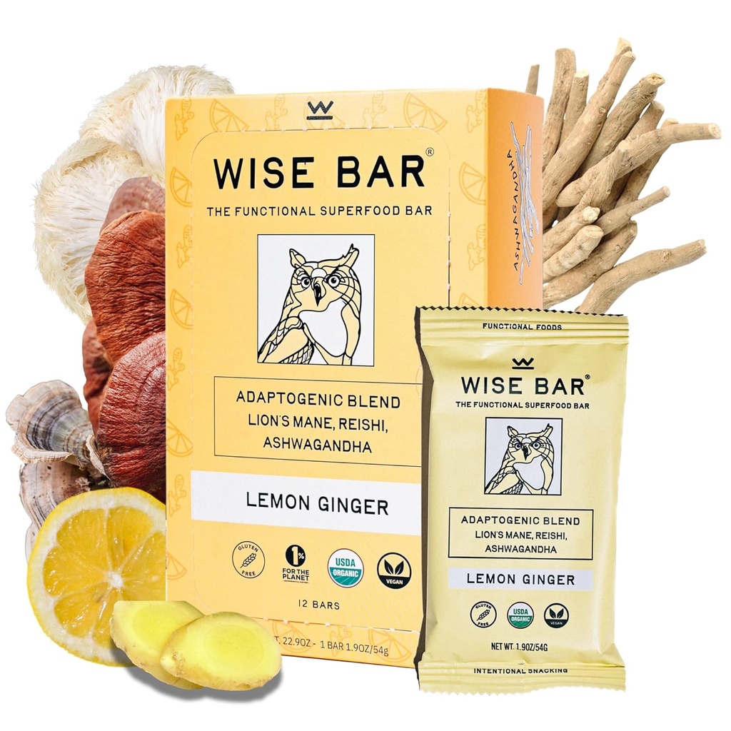 Wise Bar Adaptogen Mushroom Nutrition Bars med Reishi, Lions Mane & Ashwagandha, Organic Vegan & Gluten Free Snacks for Natural Focus, Energy & Immunity Support, Lemon Ginger Flavor, 12 Count