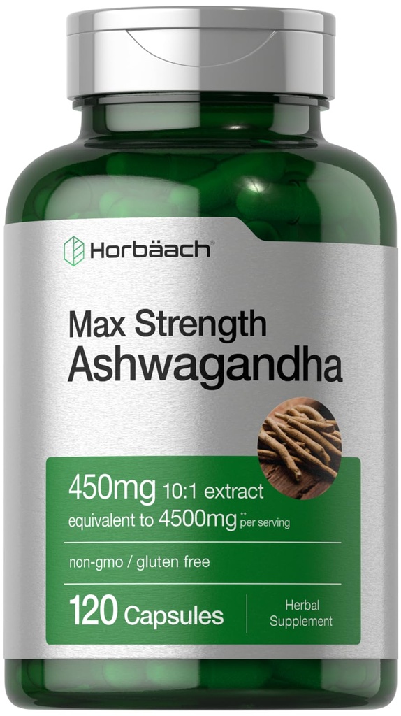 Horbäach Ashwagandha Supplement | 120 Capsules | with Black Pepper Extract | Maximum Strength | Non-GMO, Gluten Free Formula