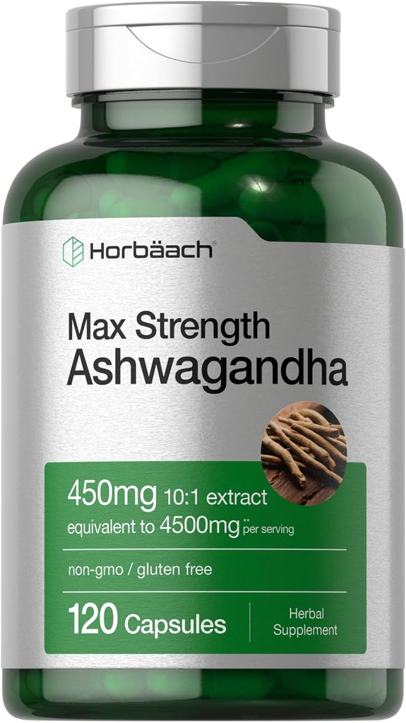 Horbäach Ashwagandha Supplement - Força Máxima - 120 Cápsulas - Não-GMO, Sem Glúten