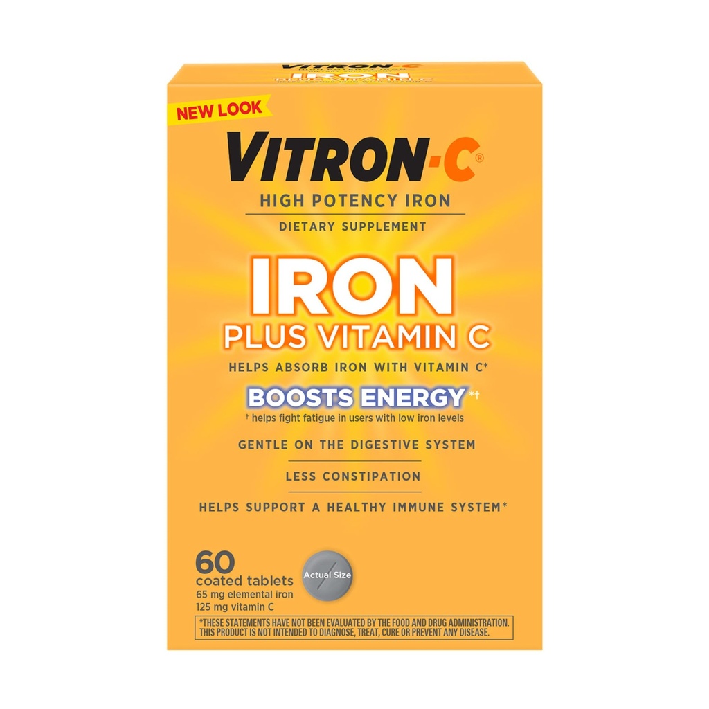 Vitron-C Iron Supplement Plus Vitamin C, Supports Immunity and Boosts Energy, 60 Count