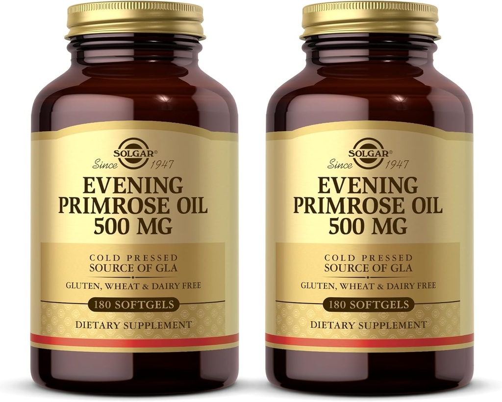Solgar Evening Primrose Oil 500 mg - 180 Softgels, Pacote de 2 - Fonte prensada a frio de GLA - Gluten Free, Dairy Free - 360 Total Servings