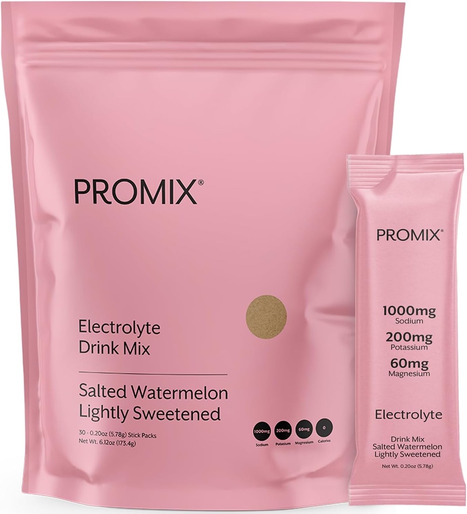 ProMix Nutrition Electrolytes Powder Hydration Packets - Himalaiako gatz arrosa, Magnesium, Potasio, C bitamina - Salted Watermelon, Lightly Sweetened - 30 Zerbitzu (30eko paketea)